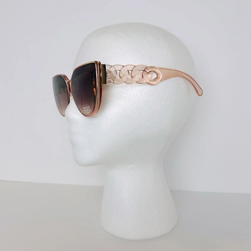 Sunglasses Pink Clear Frame Brown Lens W/Round Link Design Gold Trim Cat Eye NEW